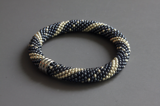 Bead Crochet Bracelet - Dark Gray Slip On Bangle Tubular Crocheted Jewelry