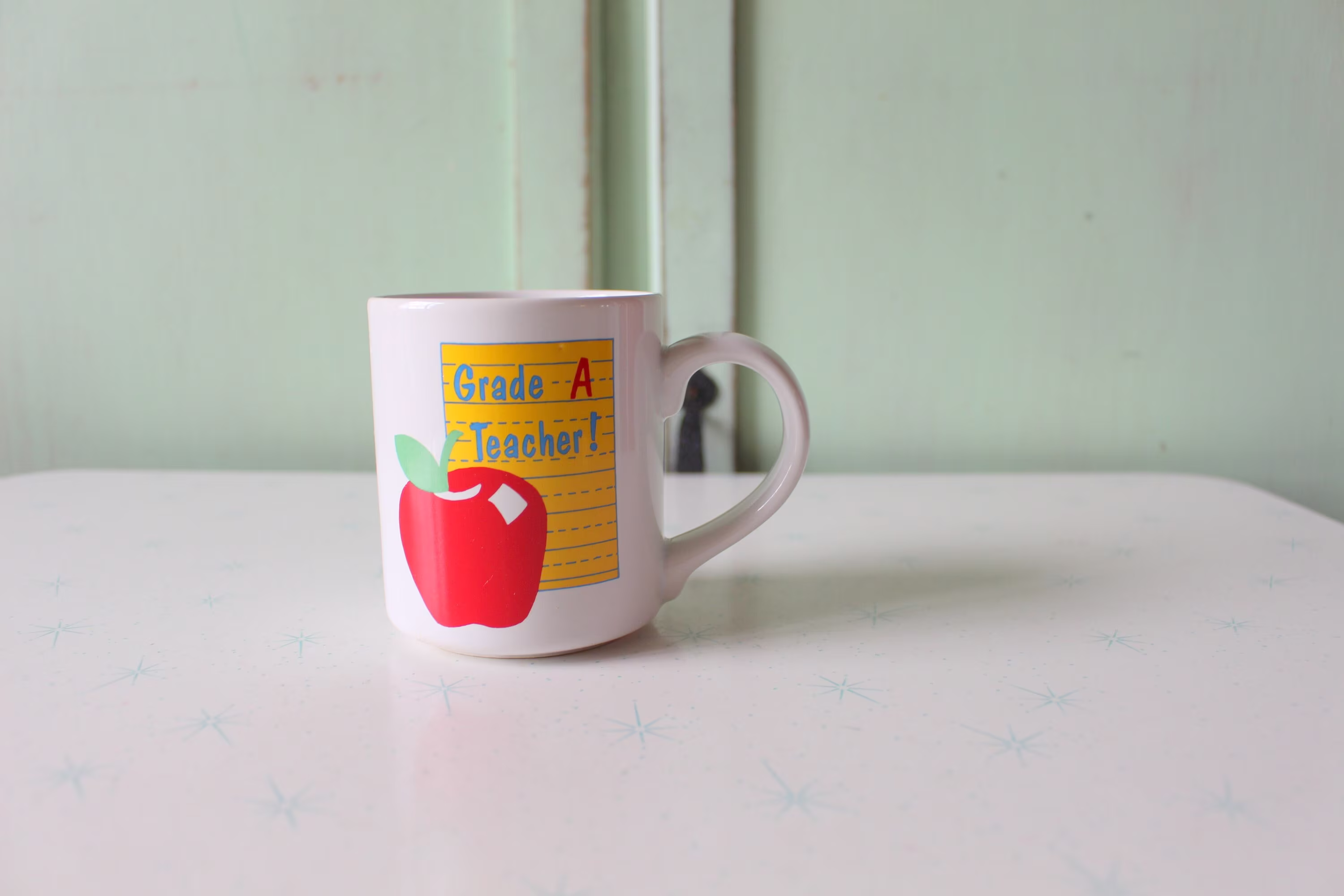 Vintage Teacher Mug..school. Coffee. Tea. Colorful. Apple. Retro Housewares. Kitsch. Teach. Gift. Kitchen. Drink. Number One Teacher. Pencil