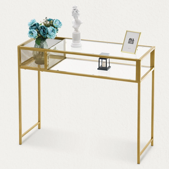 Mcombo White Gold Console Table with Storage, Marble Sofa Table