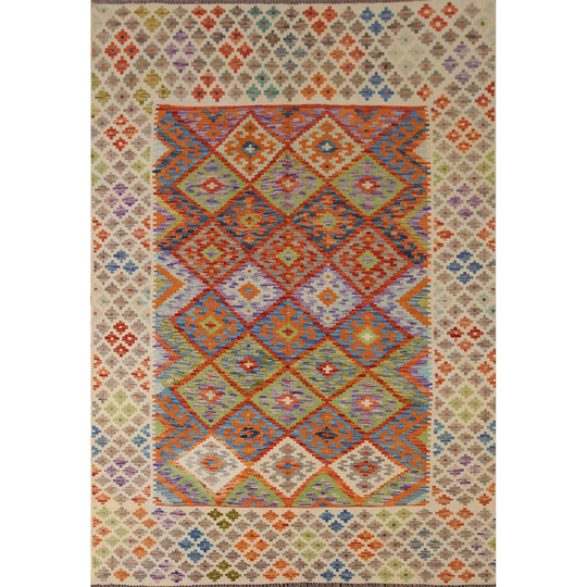 Multi-Color Kilim Oriental Area Rug Flatweave Geometric Wool Carpet - 6'2" x 8'3"