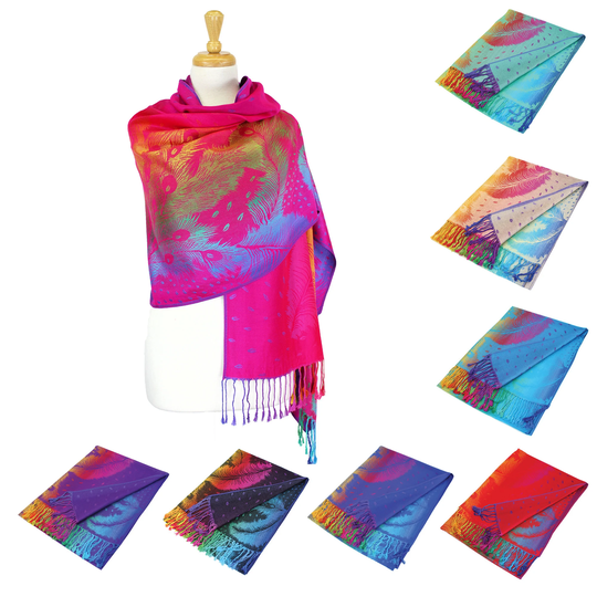 Rainbow Pashmina Colorful Silky Tropical Exotic Wrap Shawl Scarf Peacock Feather