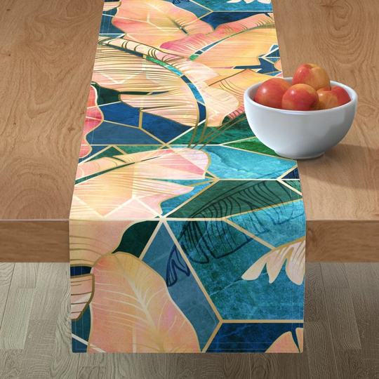 Maximalist Table Runner - Emerald Sunset Reflections By Gingerlique Tropical Large Scale Cotton Sateen Spoonflower
