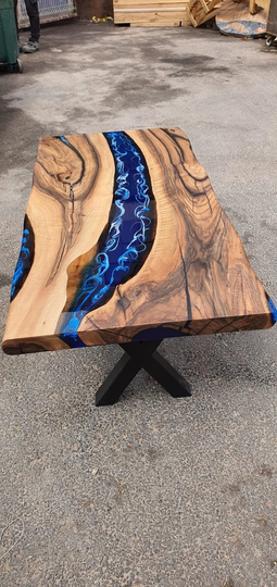 Live Edge Table, Epoxy Coffee Custom 48" X 24" Walnut Ocean Blue, Turquoise White Waves, River Order For Leshea
