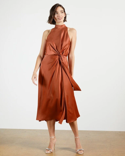 Rust Color Satin Bridesmaid Dress, Wedding Dresses, Custom Long Midi Halter Neck, Summer Dress