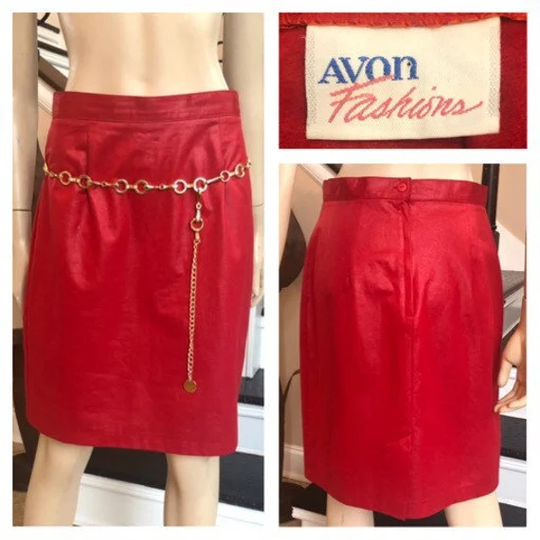 Cute Vintage Avon Red Polished Cotton 80S Pencil Skirt/Office Christmas Medium