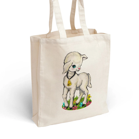 Retro Lamb Tote Bag, Spring Cottagecore Animal Farm Sheep Bag