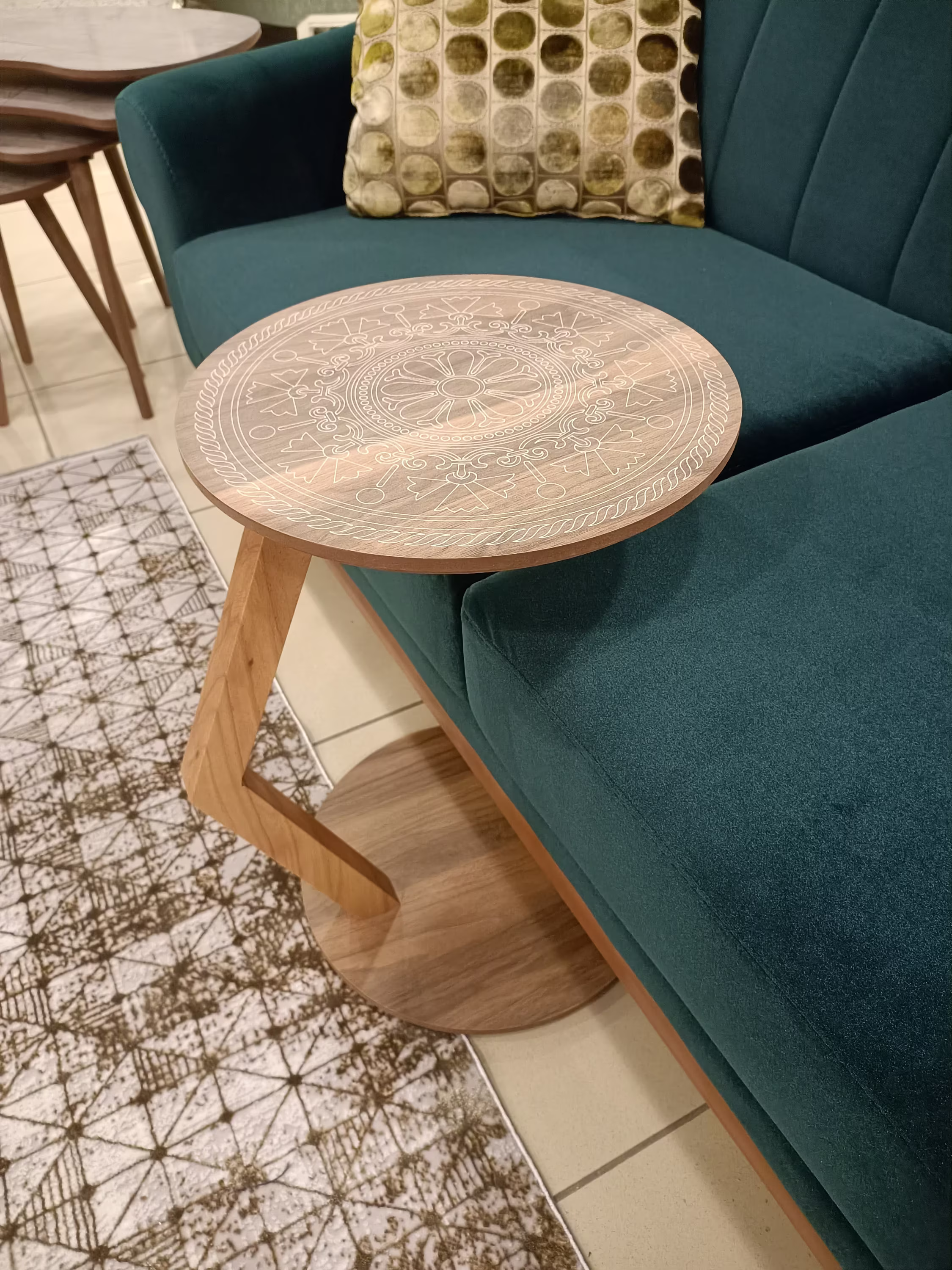 Mandala Design C Shape Couch Table, Round Computer Metal Or Wood Leg, Modern Sofa Side End For Daybed Coffee Table