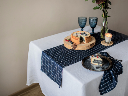 Navy Blue Grid Linen Table Runner, Chequered Plaid Washed Check Tartan Flax Cloth
