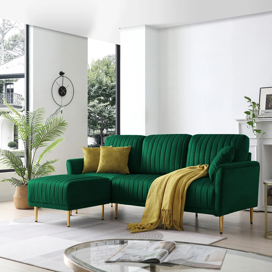 L-shaped Sofas Chaise Lounge with 3-seat Sofa and Ottoman, Velvet Sectional Sofas & Couches