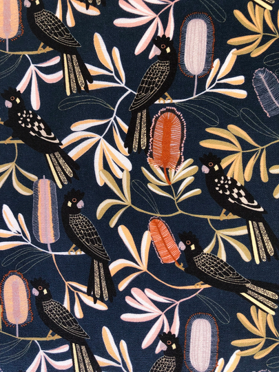 Black Cockatoo in The Bottlebrush Tree Navy Quilting Cotton Fabric By 1/4, 1/2 Yard Or Fat Quarter, Australian Native Bird Floral