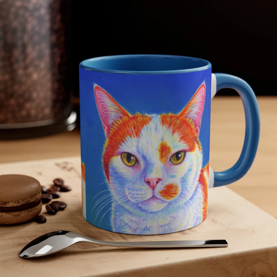 Colorful Orange & White Tabby Cat On Blue Cute Rainbow Kitty Pop Art Accent Coffee Mug 11Oz 15Oz