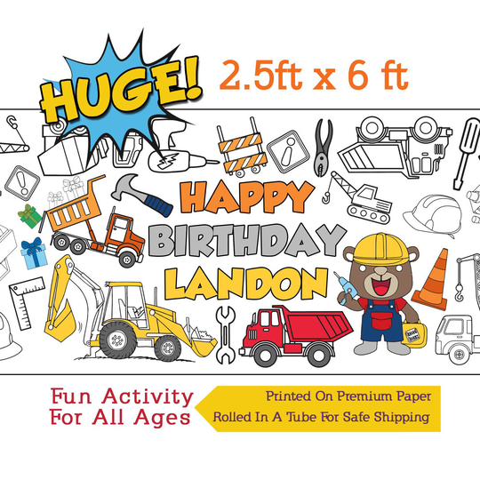 Personalized Construction Coloring Poster, Dump Truck Birthday Banner, Paper Tablecloth, Party Activity - 30" X 72" Inches
