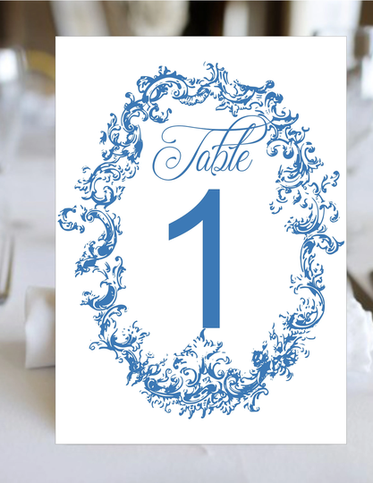 Table Numbers Vintage Blue Filigree Floral Wedding | Seating Cards Item Tn-619-110 Lovebirdslane