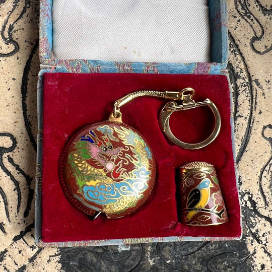 Vintage Cloisonné Tape Measure Key Chain With Thimble in Original Box