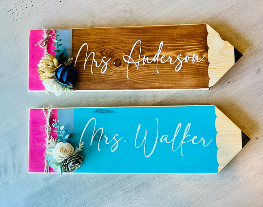 Teacher Gift Wood Pencil Name Plaque With Wood Flowers