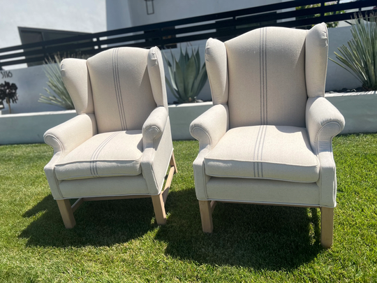 Vintage Pair Cream Grain Sack Farmhouse High Back Chair Linen Shabby Romantic Chic Modern Boho Bedroom Furniture Painted