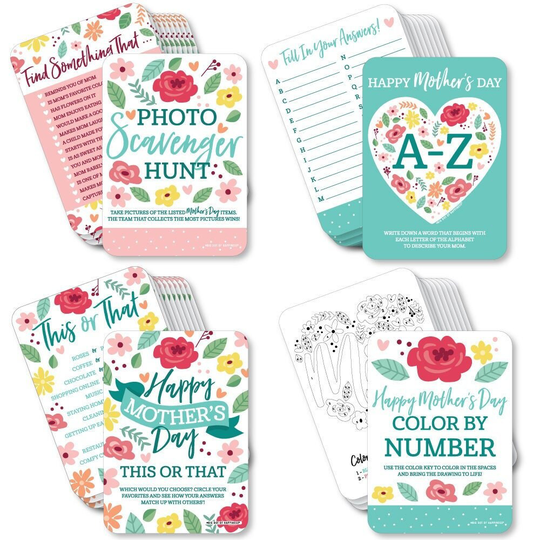 Colorful Floral Happy Mother's Day - 4 We Love Mom Party Games 10 Cards Each Gamerific Bundle