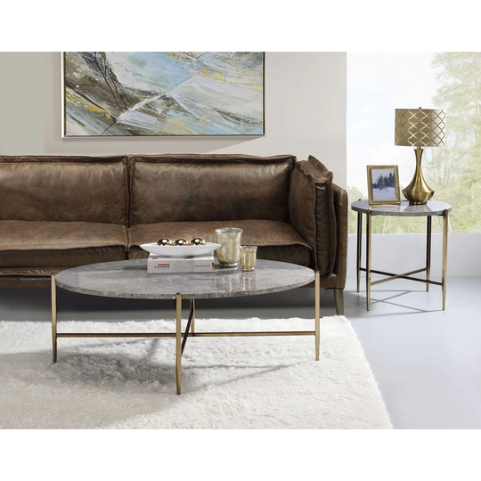 AOOLIVE Tainte Round Coffee Table, Faux Marble & Champagne Finish