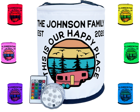 Personalized Color Changing Camping Lantern, 5Th Wheel Trailer - This Is Our Happy Place Your Custom Text, Led Camp Light With Remote