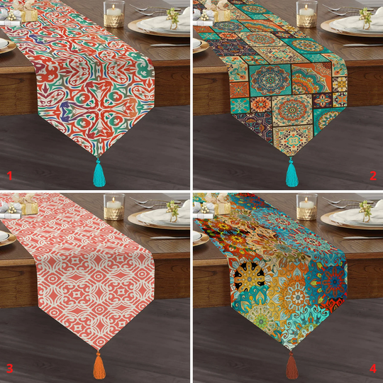 Tile Print Triangle Table Runner, Ethnic Cover, Traditional Top, Tasseled Authentic Retro Deco, Home Gift