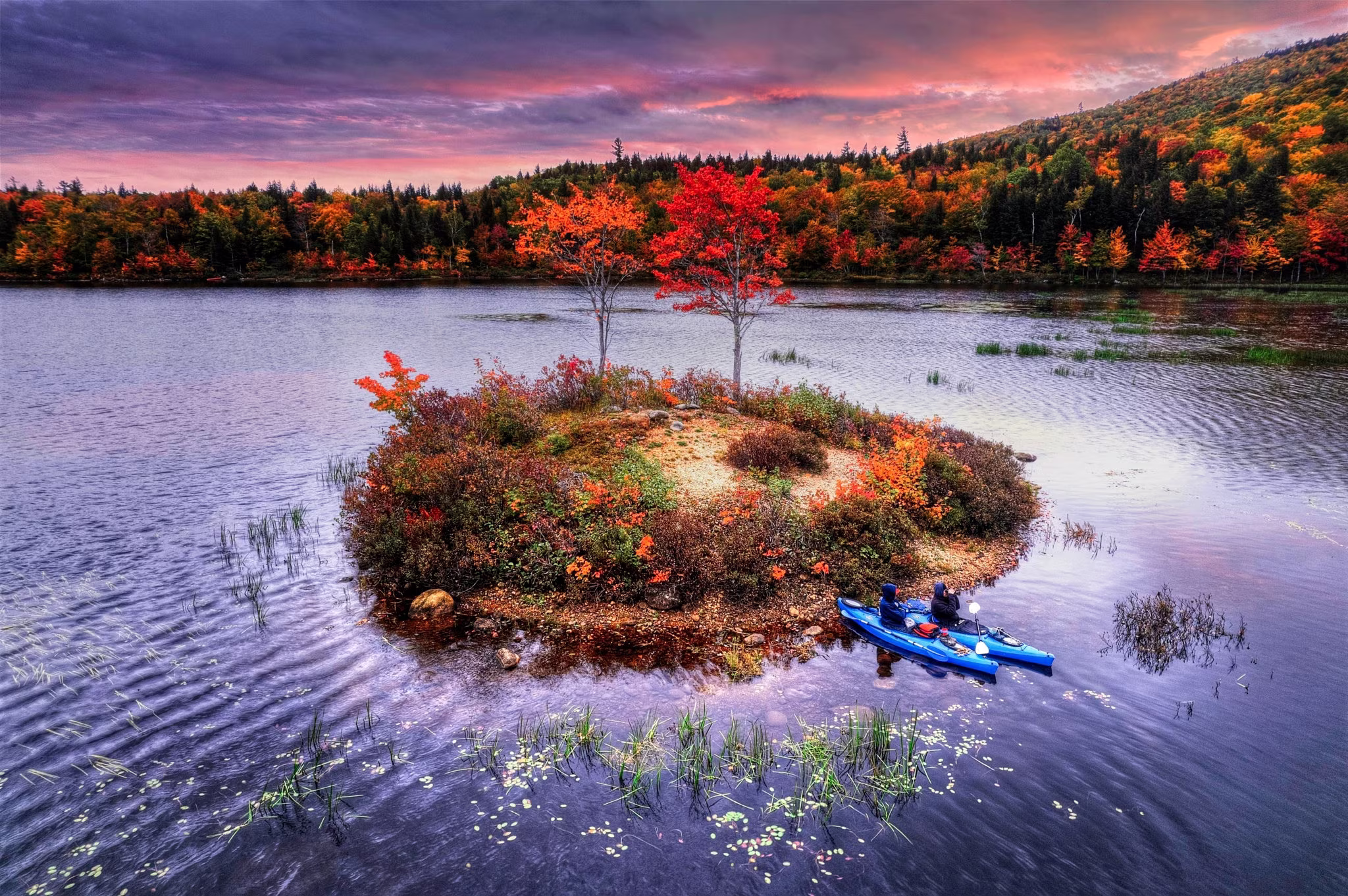 White Mountains Fall Colors - New England Foliage | Hampshire Pond Kayaks & Island Nh Landscape Photo Canvas, Framed Print