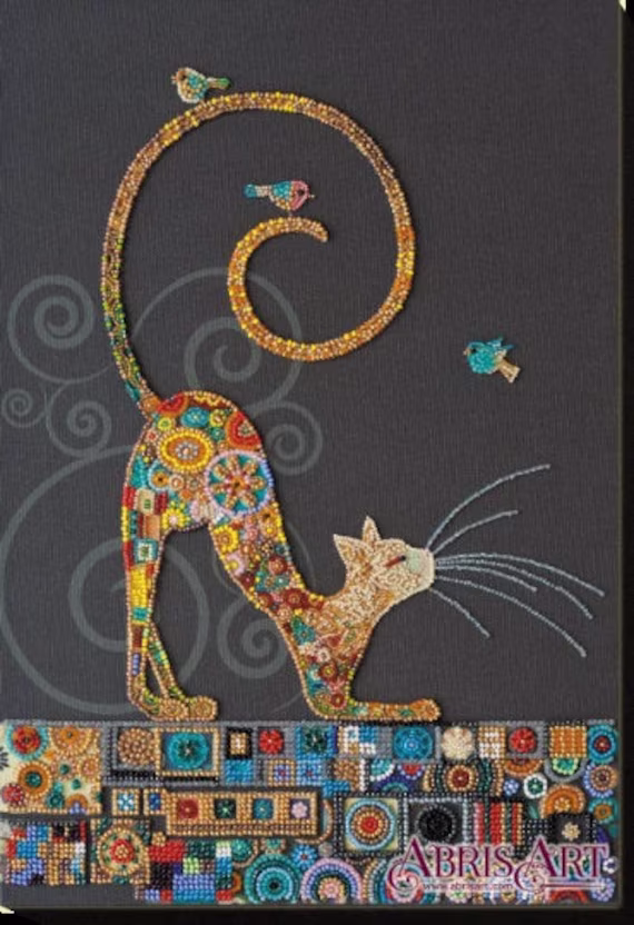 Diy Bead Embroidery Kit On Art Canvas "Cat" Size 9.8"Х14.1" | 25x36 cm, Gift | Abris