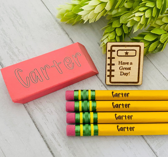 Back To School Personalized Pencil Bundle, Pencil, Eraser, & Mini Book Pocket Keepsake, Great For Kids At School, Supplies, Name