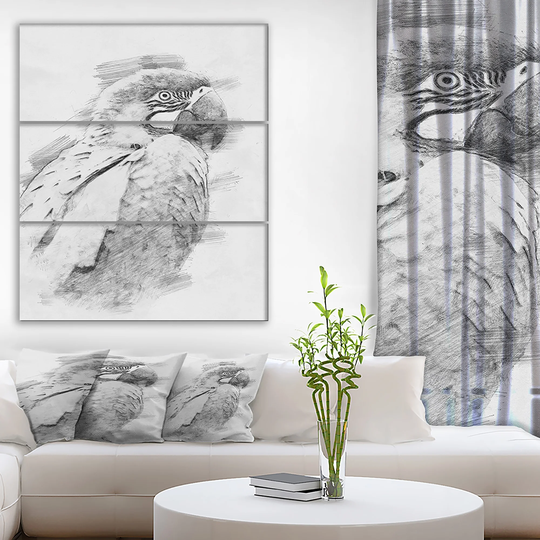 Designart 'Black and White Parrot Pencil Sketch' Animals Print on Wrapped Canvas set - 28x36 - 3 Panels