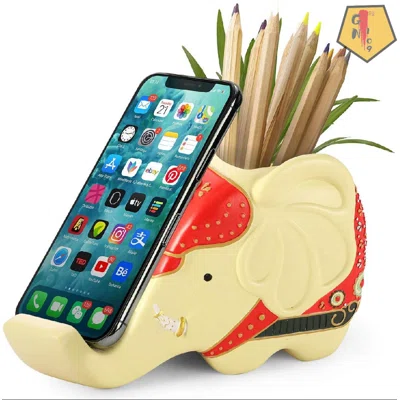 Elephant Pencil Holder With Phone Stand, Resin Carving Elephant Gifts For Women, Multifunctional Pen Pot Office Desk Decoration Stationery Supplies O