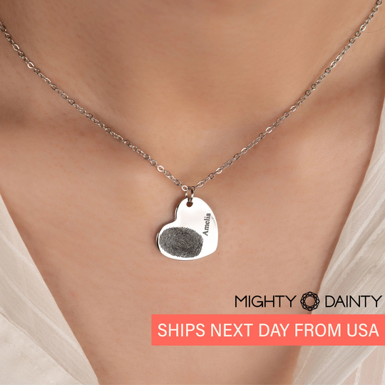 Engraved Heart Charm Necklace With Fingerprint in Gold, Rose & Silver | Memorial Jewelry Customized For Women