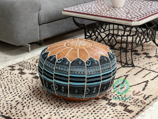 Kechart - Casual Moroccan Pouf, Floor Ottoman, Pouf Cover, Home Decor, Genuine Leather, Tissue, Chairs & Ottomans, Seat Cushion, Footstool
