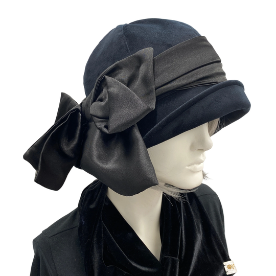 Velvet Cloche Hat, With Black Satin Band & Bow, Lined Winter Hat Women, Handmade Wife Birthday Gifts