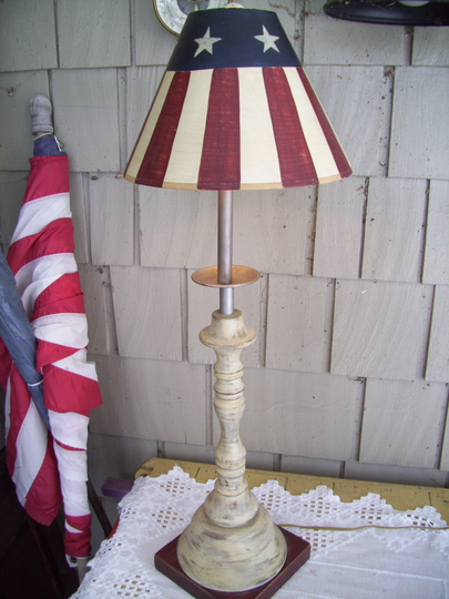 Vintage Tall Wooden Table Lamp With Hand Painted Patriotic Shade, Made in USA By Guild Masters