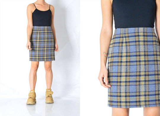 Vintage 90S Blue Beige Check High Waist Mini Pencil Skirt Size 27 Inch