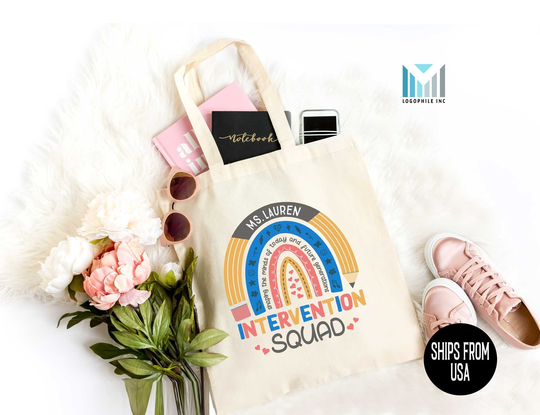 Personalized Intervention Teacher Squad Tote Bag, Rainbow Pencil Name, Custom Interventionist Work Learning Support Team Gifts
