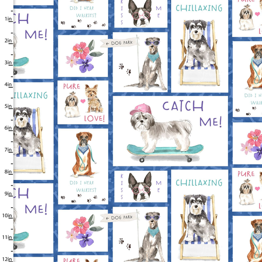 A Dog's Life Dog By Beach Chair Skateboard Park Patch in White 3 Wishes 42 Inches Wide 100% Cotton Quilting Fabric 3W 18035
