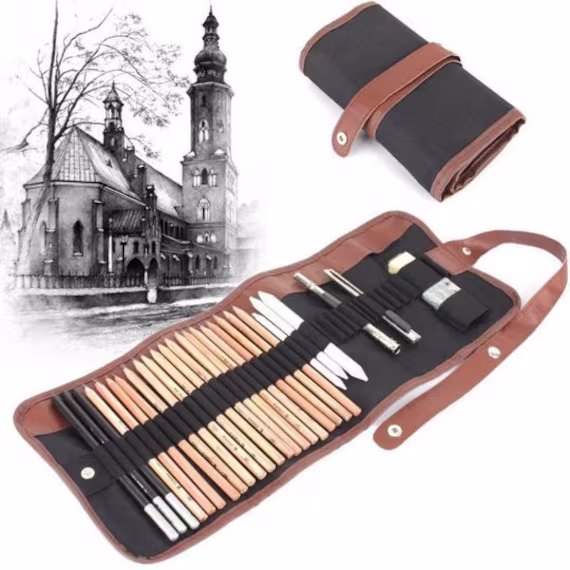 29Pcs Professional Drawing Sketching Pencils Set Artist Sketch Charcoal Extender Eraser Paper Pen Cutter Bag Art Tools
