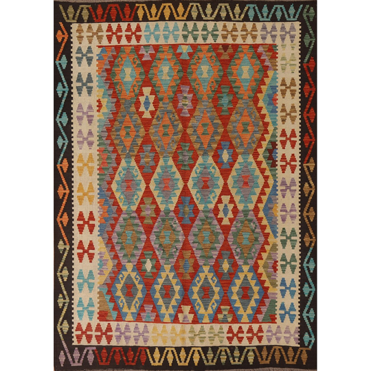 Colorful Reversible Kilim Area Rug Flat-weave Oriental Wool Carpet - 5'10" x 7'10"