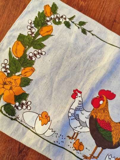 Vtg Easter Lilly Chickens Table Topper - Lovely Rooster Eggs Baby Chicks Printed Tablecloth Norwegian Swedish Vintage