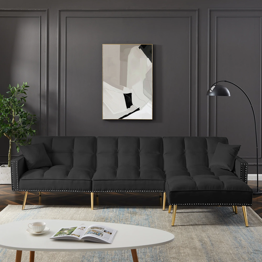 Velvet Upholstered Reversible Sectional Sofa Bed with Ottoman, Adjustable Backrest Sofa with Nailhead Trim and Tufted Cushion