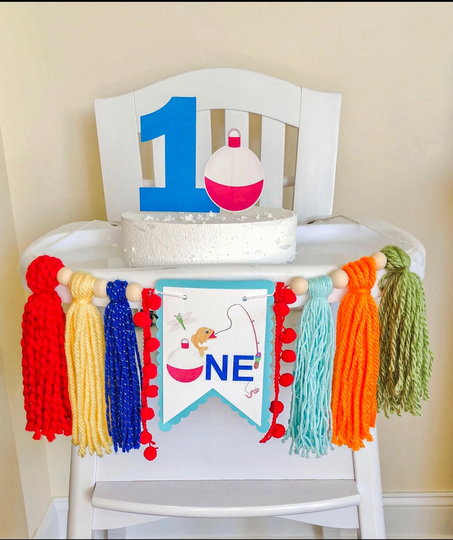 Fishing Birthday High Chair Yarn Tassel Banner, Cake Smash Backdrop First Birthday, Topper