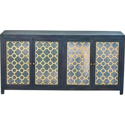 80 Inch Antiqued Black 4 Glass Doors Honeycomb Brass Overlay Sideboard Bee