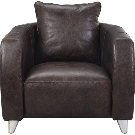 Top Grain Leather Accent Chair in Distress Chocolate and Aluminum