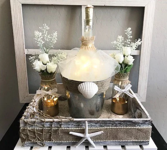 Beach Wedding Table Centerpiece, Tropical Wedding Table Centerpiece, Destination Centerpiece, Lighted Centerpiece