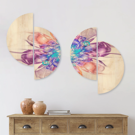 Designart 'Perfect Fractal Flower in Multi Colors' Floral Wood Wall Art Set of 4 Half Circles - Multi-Color