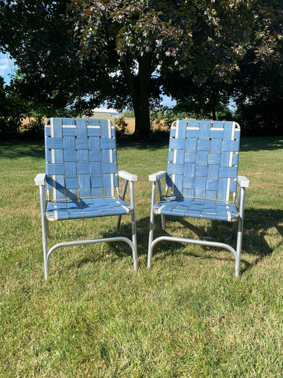 Vintage Webbed Aluminum Folding Lawn Chairs-Set Of 2-His & Hers Chairs-Blue White Black-Retro Camping Chair-Boho Mesh Woven Beach Chair