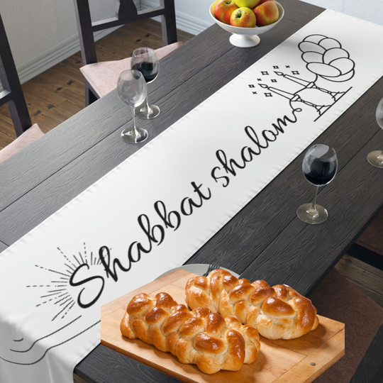Shabbat Shalom Table Runner, Candle Lighting Art