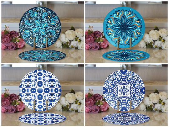 Tile Pattern Placemat| Wooden Table Mat| Blue White Underplate| Ethnic Round Supla| Dining Circle Tiled Kitchen Decor | Set Of 2
