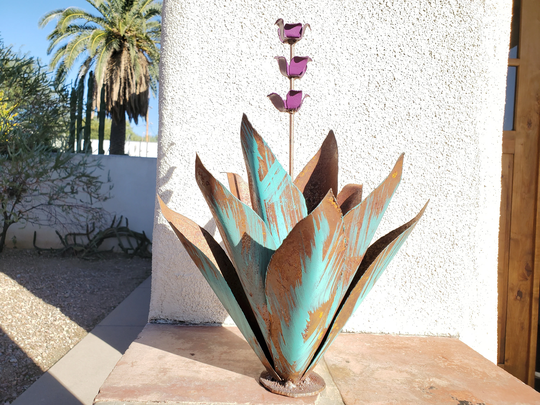 Metal Agave Cactus With Purple Plum Flowers Small 17 Inch/Southwest Desert /Metal Art Sculpture/ Yard Art/Handmade Gift