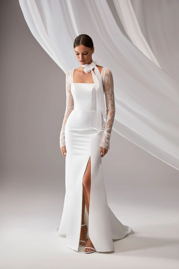 Minimalist Long Sleeve Lace Wedding Dress Elegant Gown Square Neckline Satin Mermaid Fitted Couture Donna